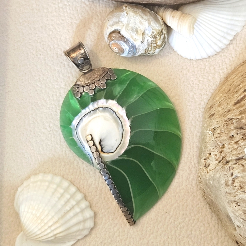 925 Green Iridescent Nautilus Shell Sterling Silver Pendant Handmade